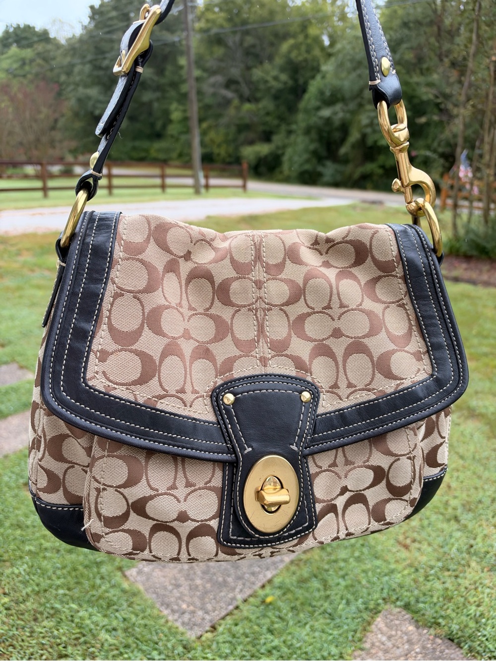 Coach Khaki Signature Canvas Shoulder Bag with Black Trim